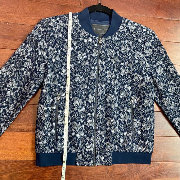 BCBGMaxAzria Floral Lace "Kenneth" Zip-Front Navy Blue Bomber Jacket - Size XXS - Picture 12 of 15